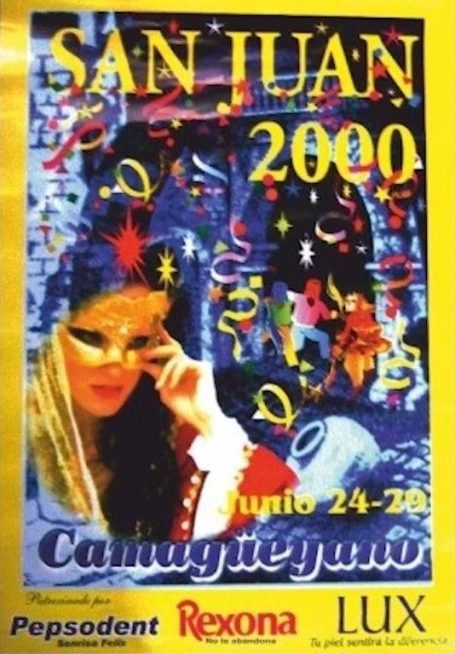 Cartel colorido del carnaval de Camagüey, San Juan 2000, con confeti y una mujer con máscara.