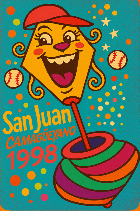 Un león sonriente con gorra y un trompo, fondo colorido con letras de "San Juan Camagüeyano 1998".