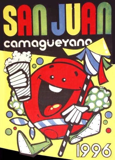 Personaje alegre con sombrero y bebida, representa San Juan camagueyano 1996.