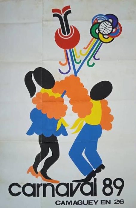 Ilustración colorida del Carnaval 89 de Camagüey, con parejas bailando y elementos festivos.
