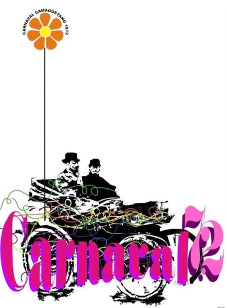 Texto colorido con el nombre "Carnaval" y una ilustración de un coche antiguo y una flor.