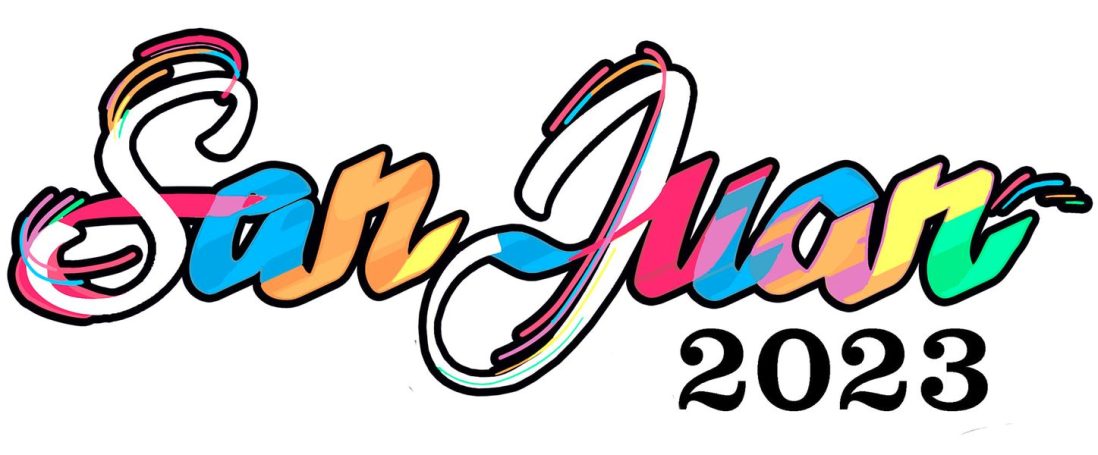 Texto colorido que dice "San Juan 2023" en un estilo artístico y vibrante.